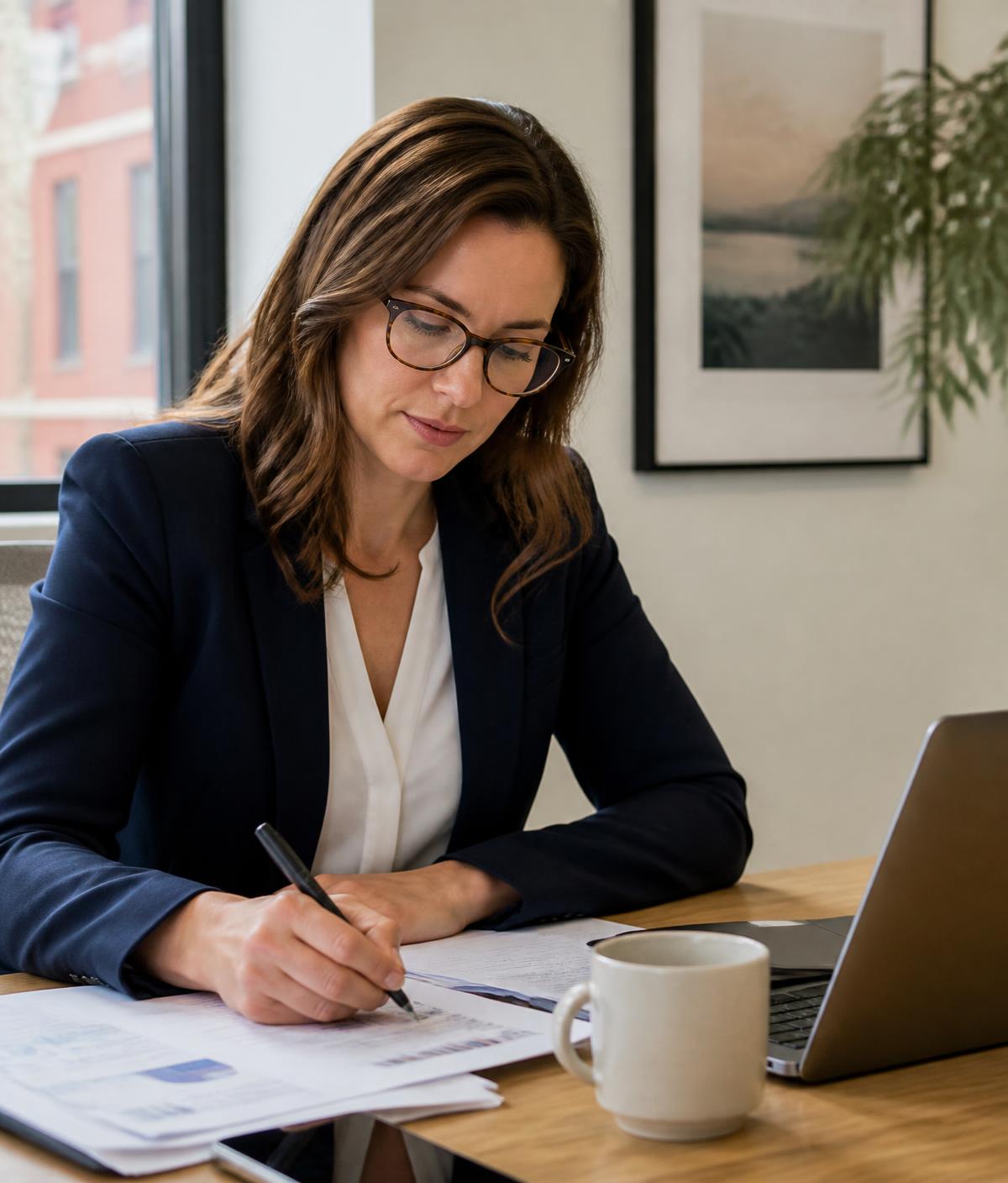 District administrator reviewing a document at her desk