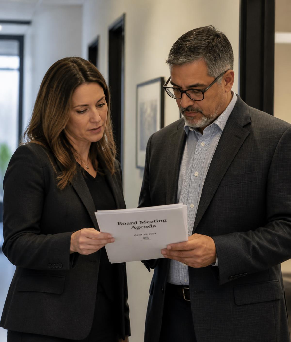 Two district administrators reviewing a printed Board meeting agenda